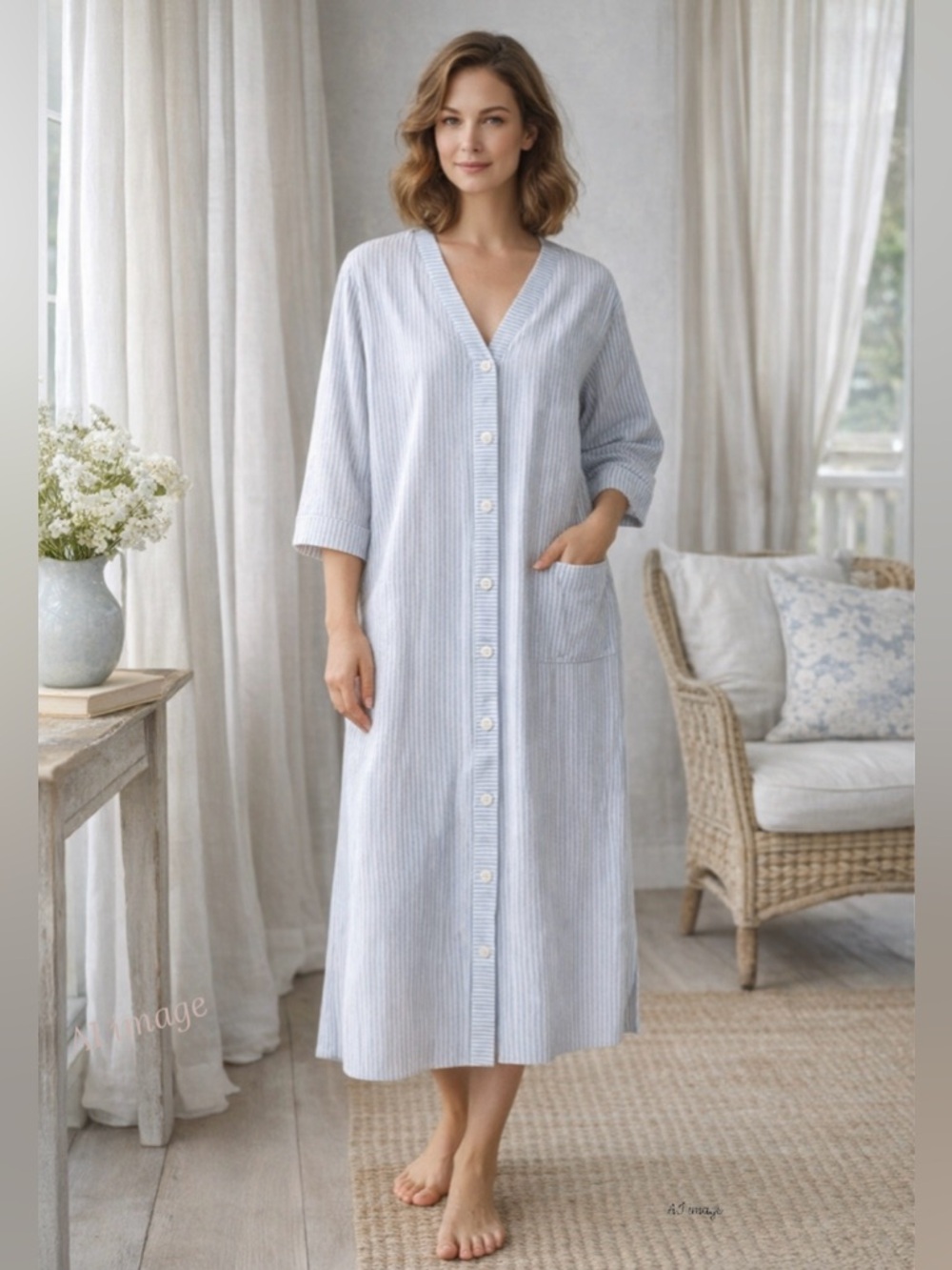 Vintage Barbizon Seersucker Duster Robe Blue White Stripe Button Front XL